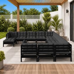 12-Piece Black Pinewood Garden Lounge Set with Cushions