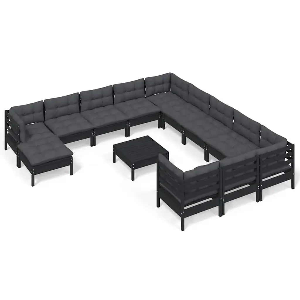 Garden Lounge Set Pinewood 13 Piece Outdoor Patio Furniture Black with Cushions