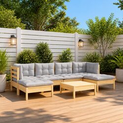 7-Piece Pinewood Garden Lounge Set with Grey Cushions