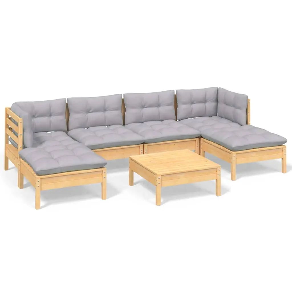 Garden Lounge Set Pinewood 7 Piece Outdoor Patio Furniture Grey Cushions