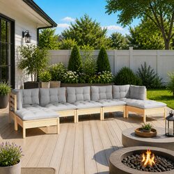 7-Piece Grey Cushioned Pinewood Garden Lounge Set