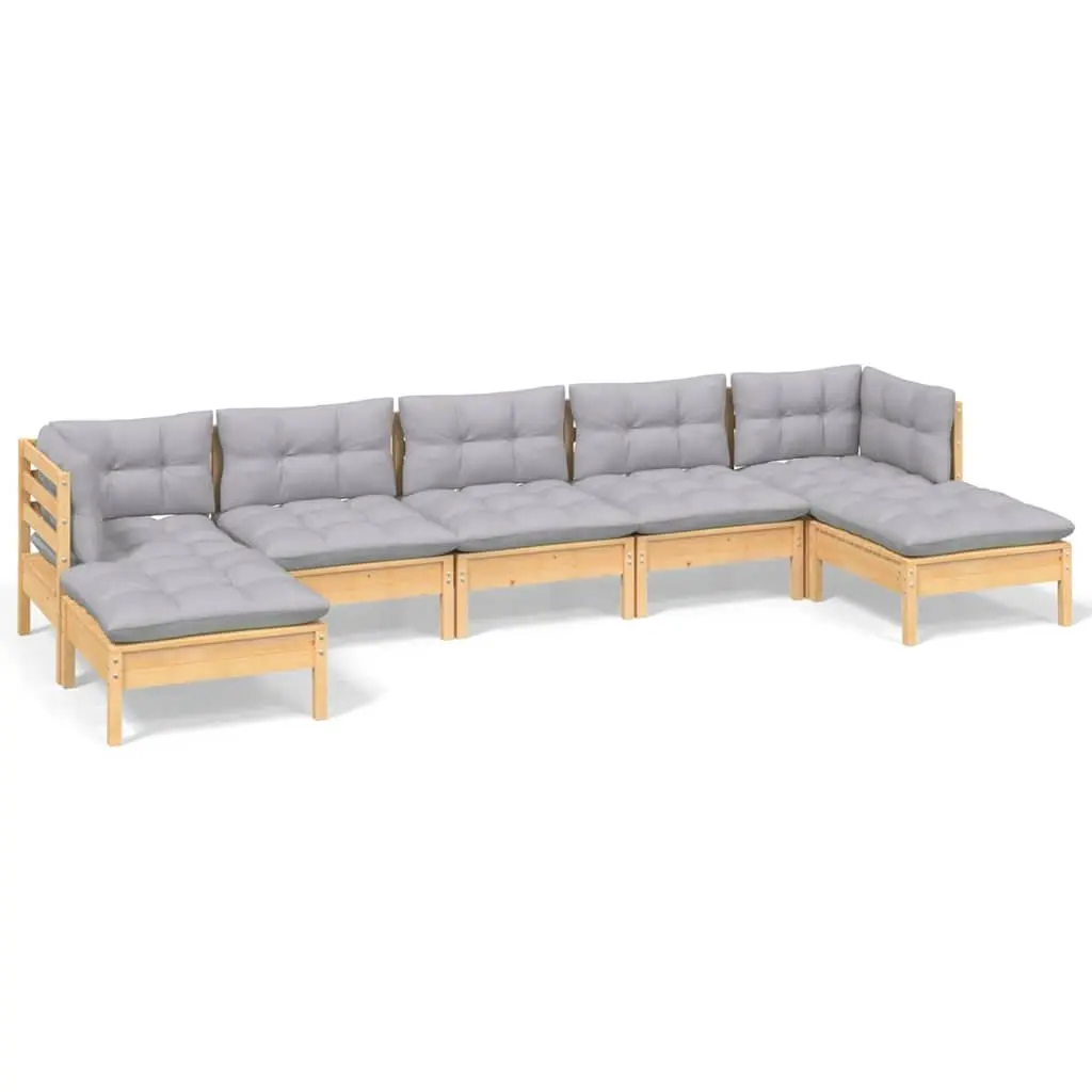 7-Piece Grey Cushioned Pinewood Garden Lounge Set