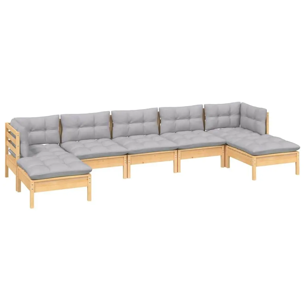 7-Piece Grey Cushioned Pinewood Garden Lounge Set