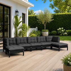 Durable 7 Piece Black Pinewood Garden Lounge Set