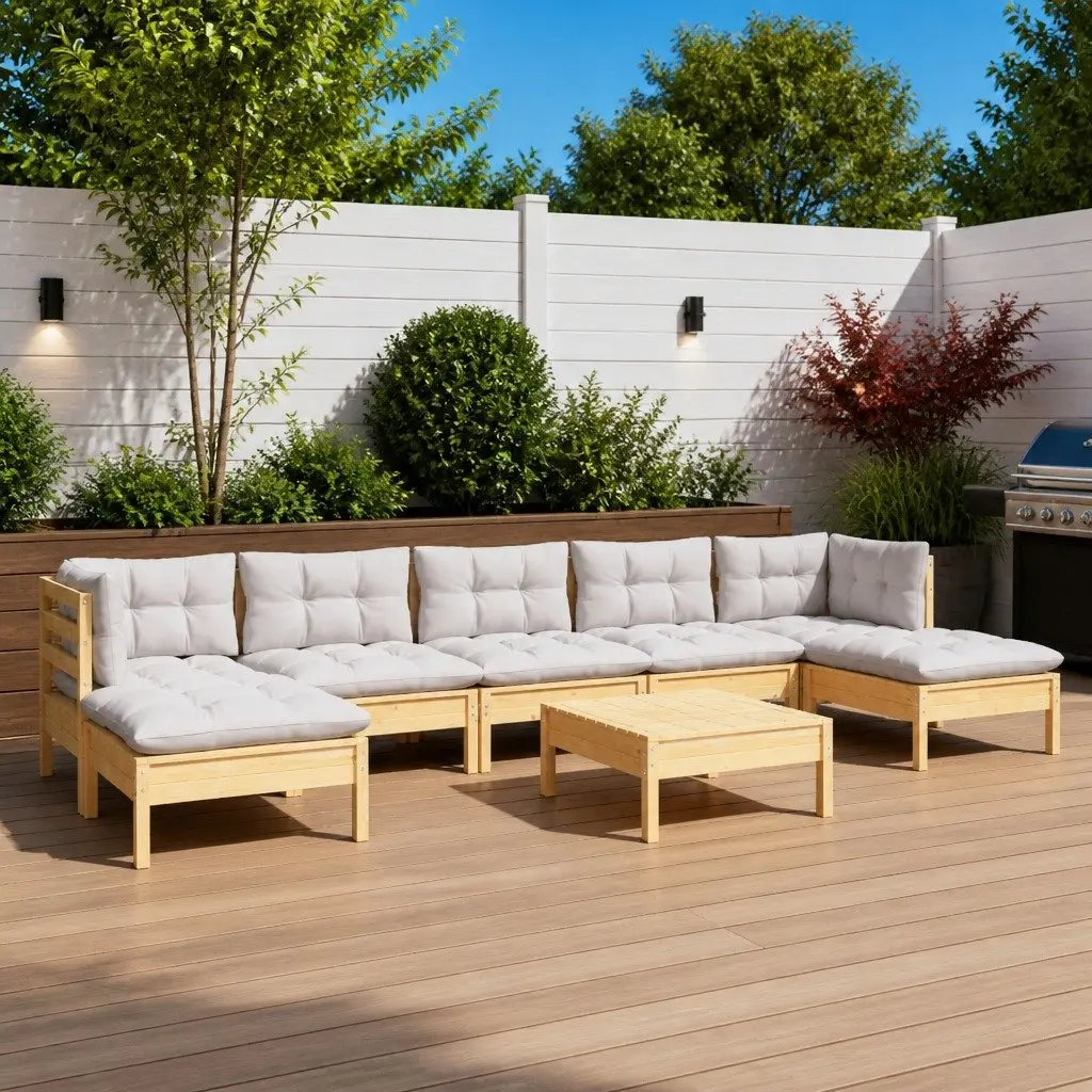Garden Lounge Set Solid Pinewood 8 Piece Outdoor Patio Furniture Grey Cushions