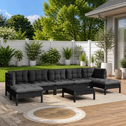 Black Pinewood Modular Garden Lounge Set - 8 Pieces with Cushions