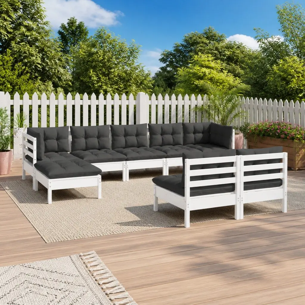 Garden Lounge Set Solid Pinewood 9 Piece White Outdoor Furniture with Cushions