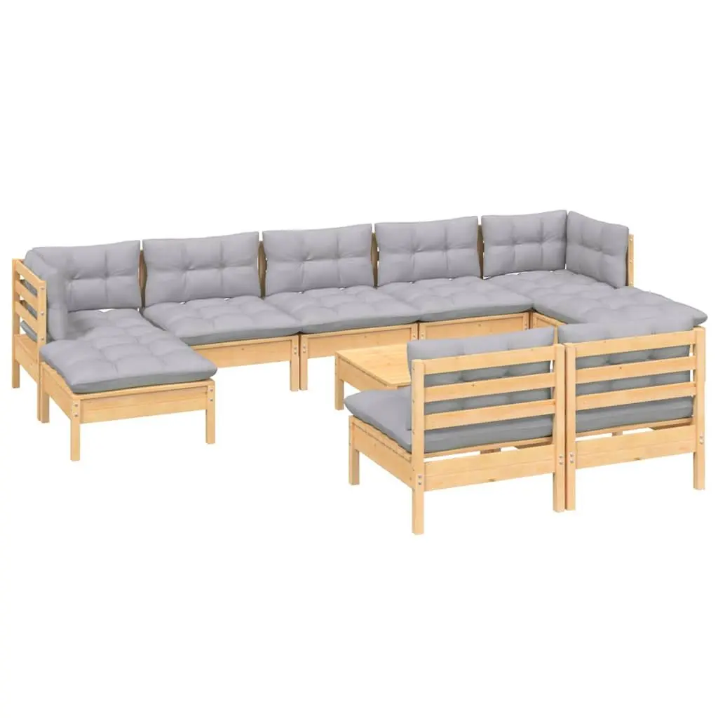 Garden Lounge Set Pinewood 10 Pieces Grey Cushions