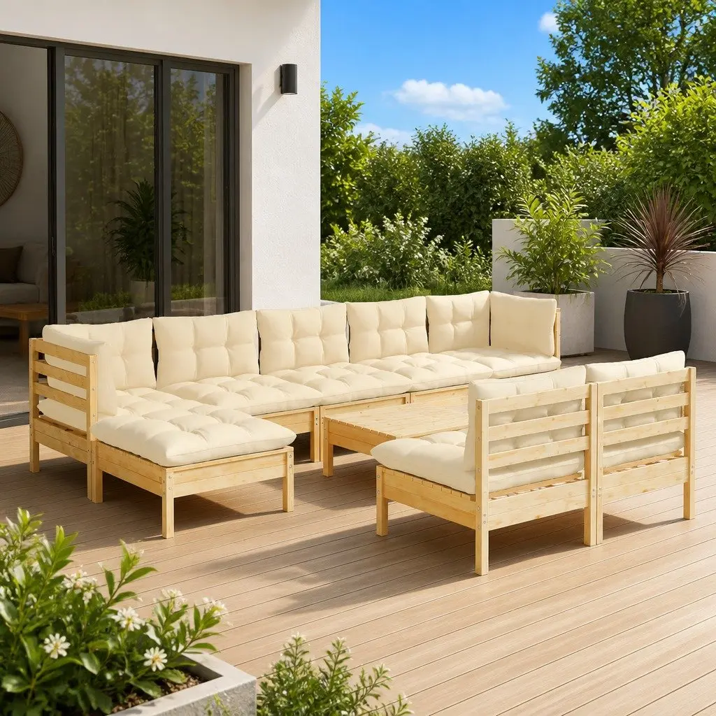10 Piece Pinewood Outdoor Lounge Set with Cream Cushions
