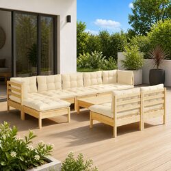 Premium 10 Piece Pinewood Outdoor Lounge Set with Cream Cushions