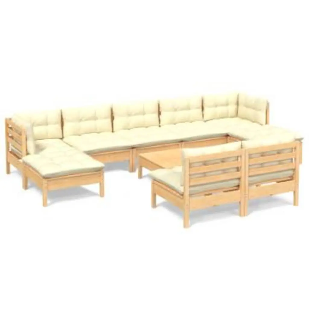 10 Piece Pinewood Outdoor Lounge Set with Cream Cushions