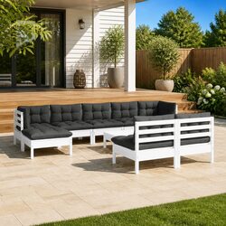 10-Piece Garden Lounge Set with Cushions in White Pinewood