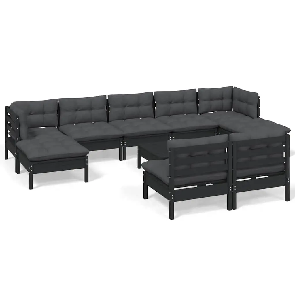 Garden Lounge Set Solid Pinewood 10 Piece Black Outdoor Furniture with Cushions