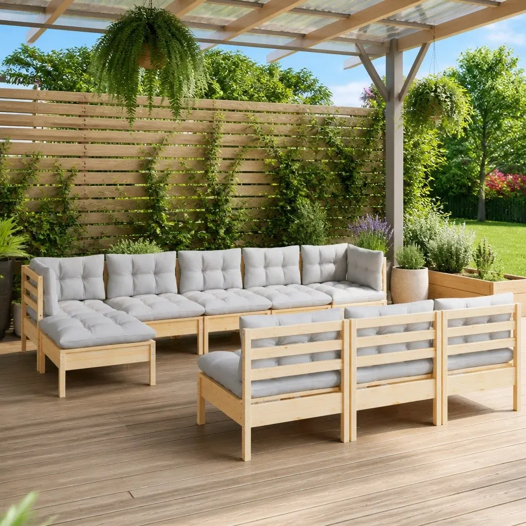 Modular Lounge Set Solid Pinewood 10 Piece Outdoor Furniture Grey Cushions