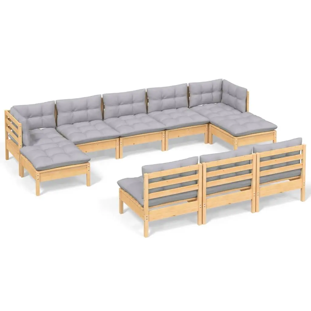 Modular Lounge Set Solid Pinewood 10 Piece Outdoor Furniture Grey Cushions