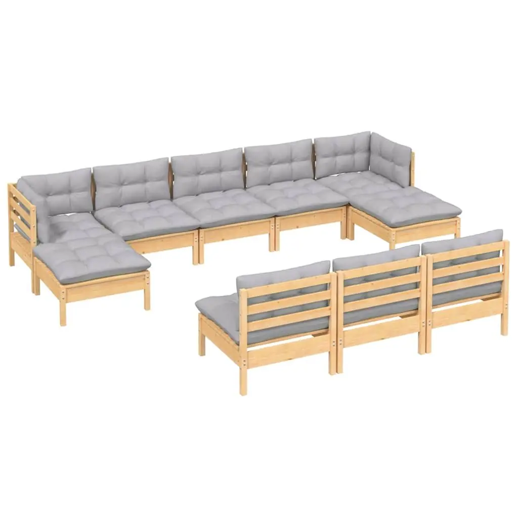 Modular Lounge Set Solid Pinewood 10 Piece Outdoor Furniture Grey Cushions