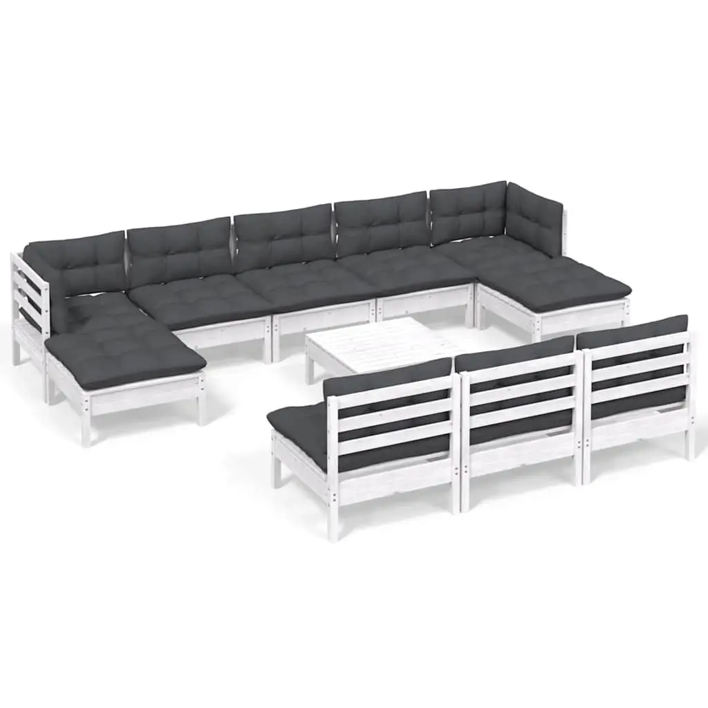 White Pinewood 11-Piece Garden Lounge Set with Cushions