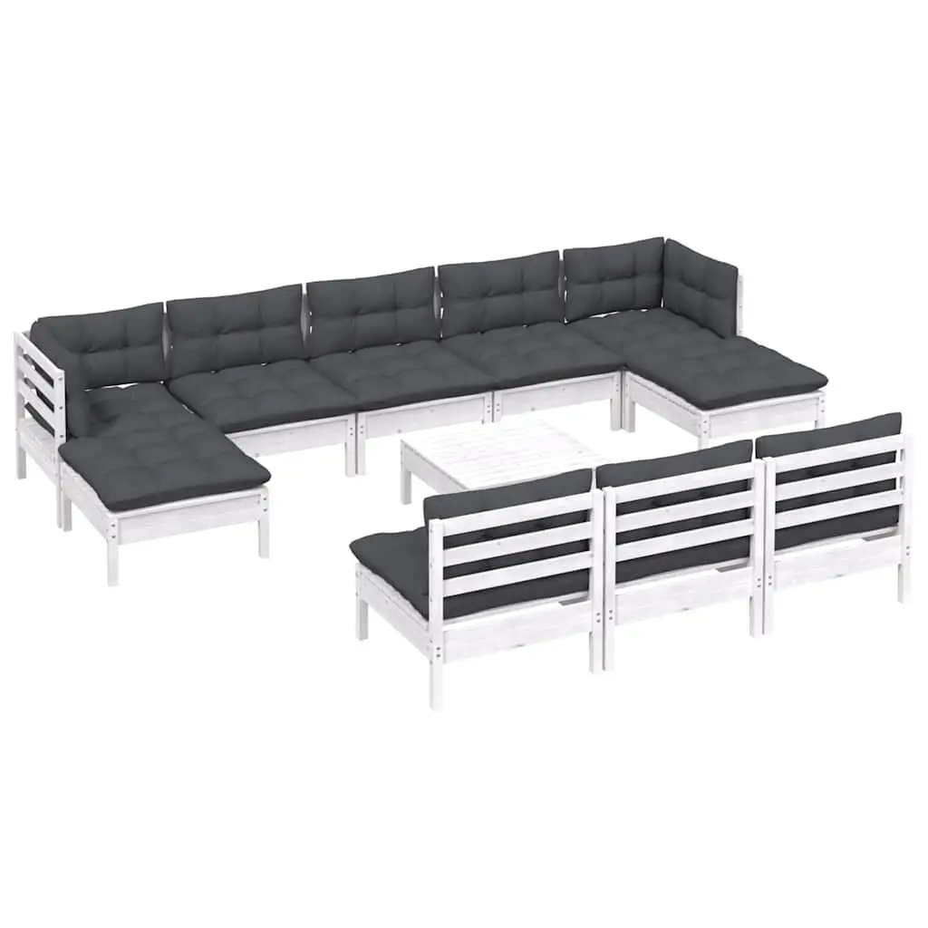 White Pinewood 11-Piece Garden Lounge Set with Cushions