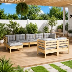 Durable 9 Piece Garden Lounge Set with Grey Cushions