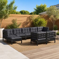 Premium 9 Piece Black Pinewood Garden Lounge Set with Cushions