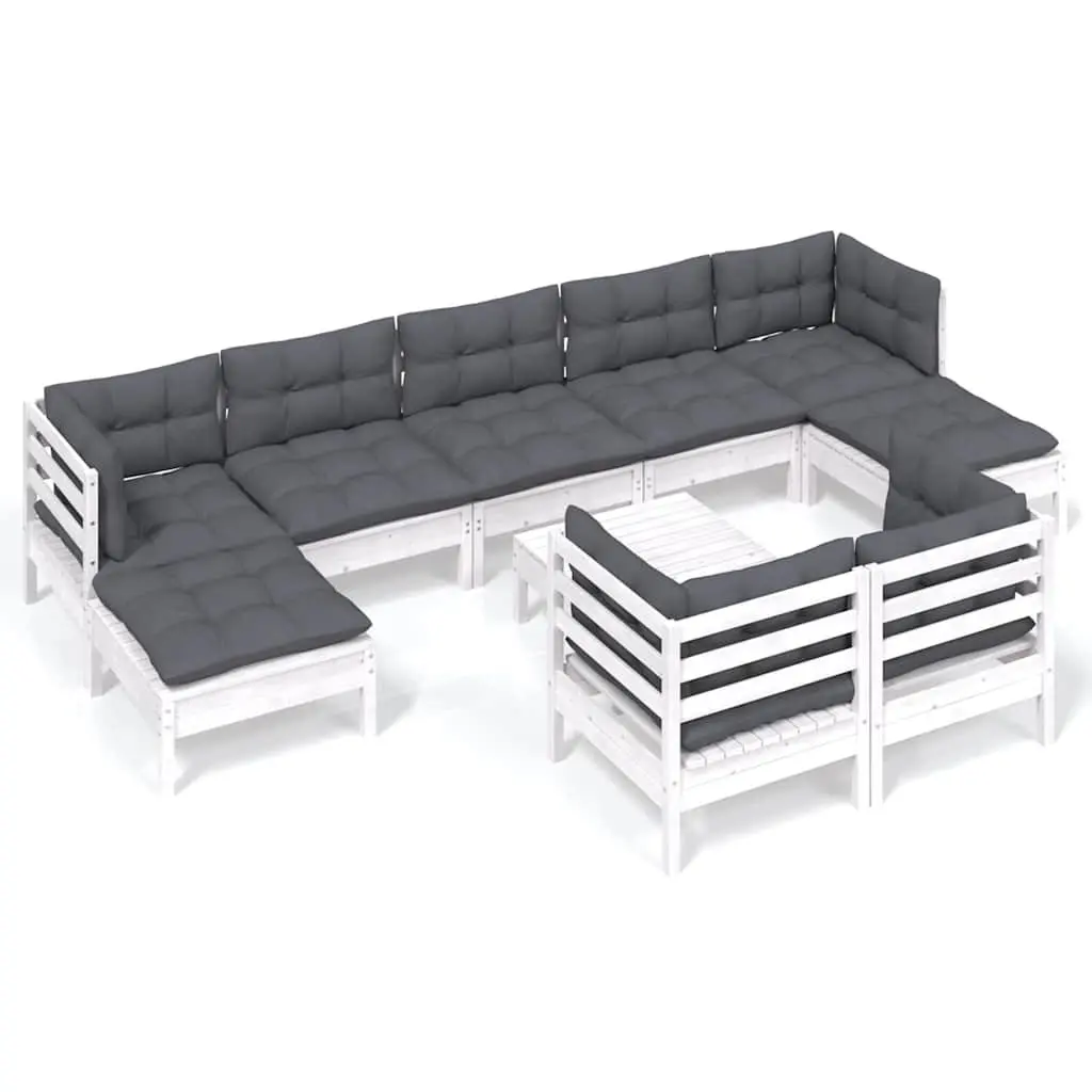Garden Lounge Set Solid Pinewood 10 Piece White Outdoor Patio Furniture with Cushions