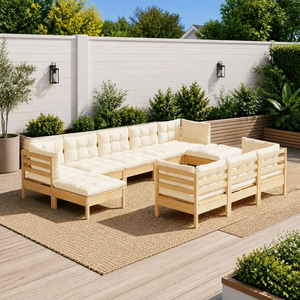 Solid Pinewood 10-Piece Garden Lounge Set with Cream Cushions