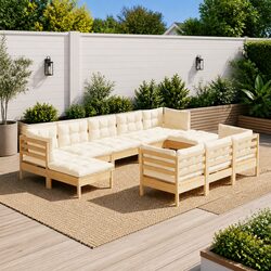 Solid Pinewood 10-Piece Garden Lounge Set with Cream Cushions