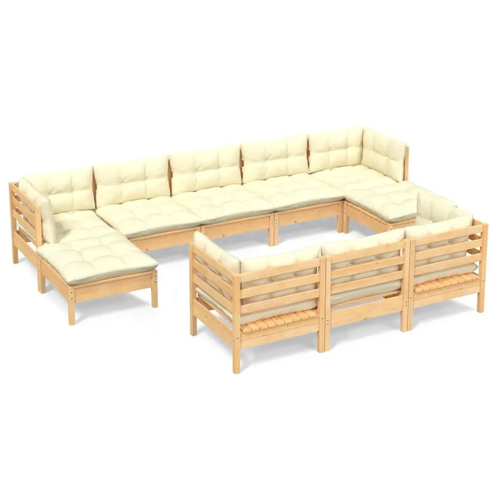 Solid Pinewood 10-Piece Garden Lounge Set with Cream Cushions