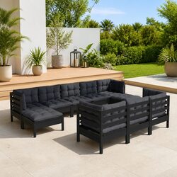 10 Piece Black Garden Lounge Set with Cushions