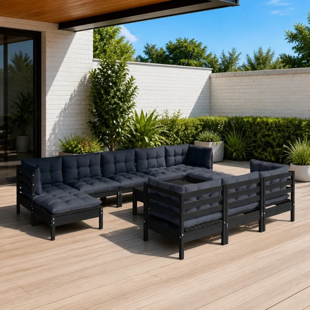 Garden Lounge Set Solid Pinewood 11 Piece Black Outdoor Patio Furniture with Cushions Modular