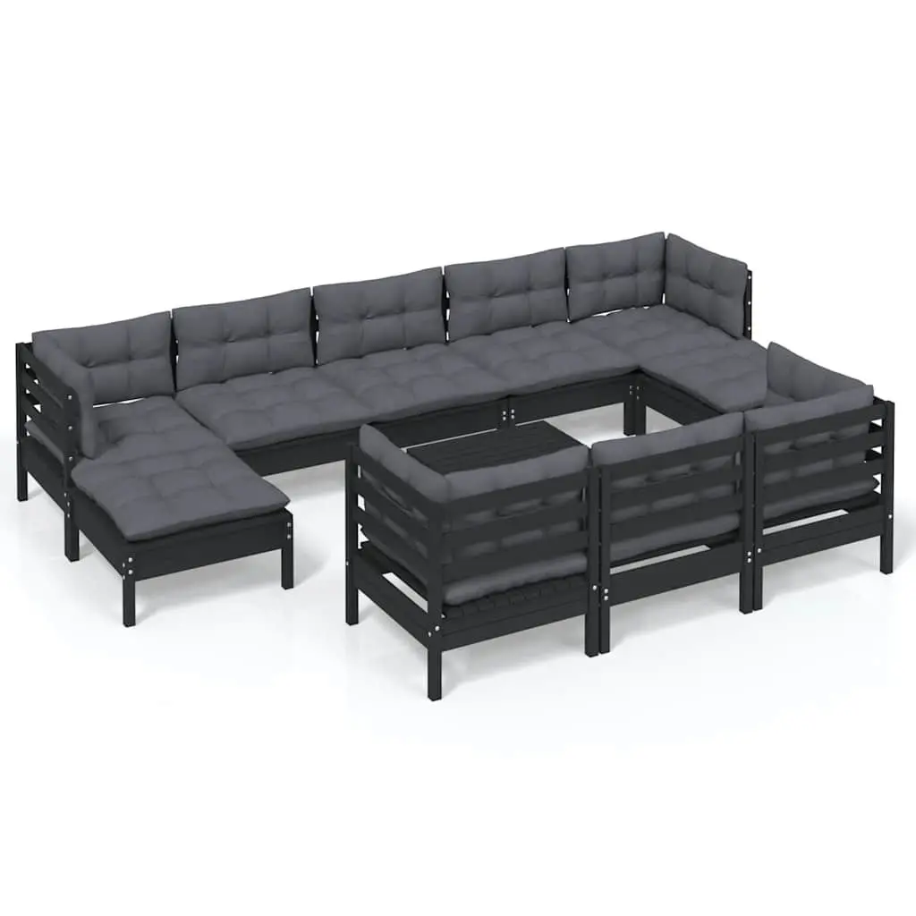 Garden Lounge Set Solid Pinewood 11 Piece Black Outdoor Patio Furniture with Cushions Modular