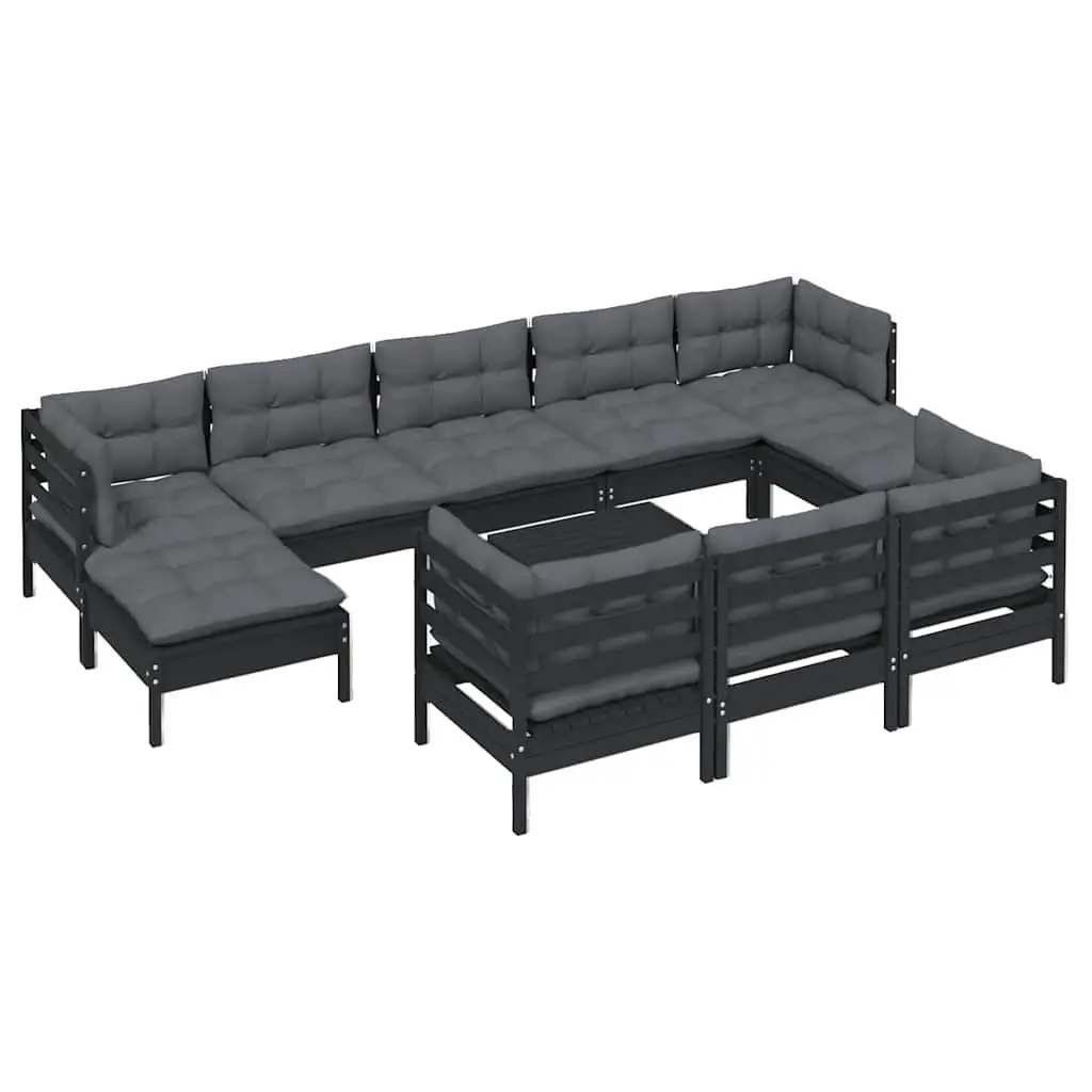 Garden Lounge Set Solid Pinewood 11 Piece Black Outdoor Patio Furniture with Cushions Modular