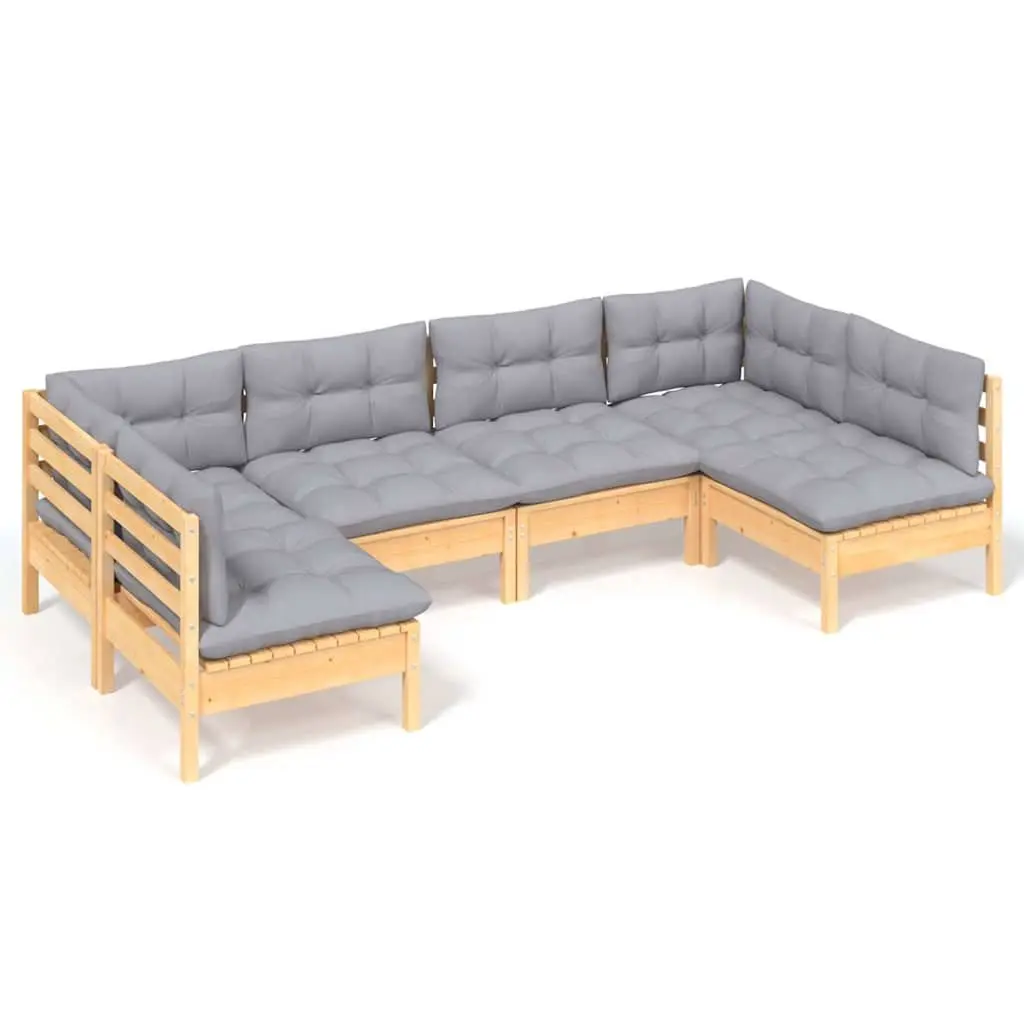 Garden Lounge Set Solid Pinewood 6 Piece Outdoor Patio Furniture Grey Cushions
