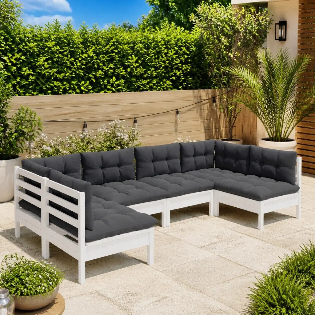 Garden Lounge Set Solid Pinewood 6 Piece Outdoor Furniture White Patio Seating