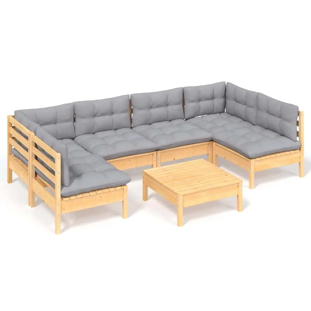 Garden Lounge Set Solid Pinewood 7 Piece Outdoor Furniture Grey Cushions
