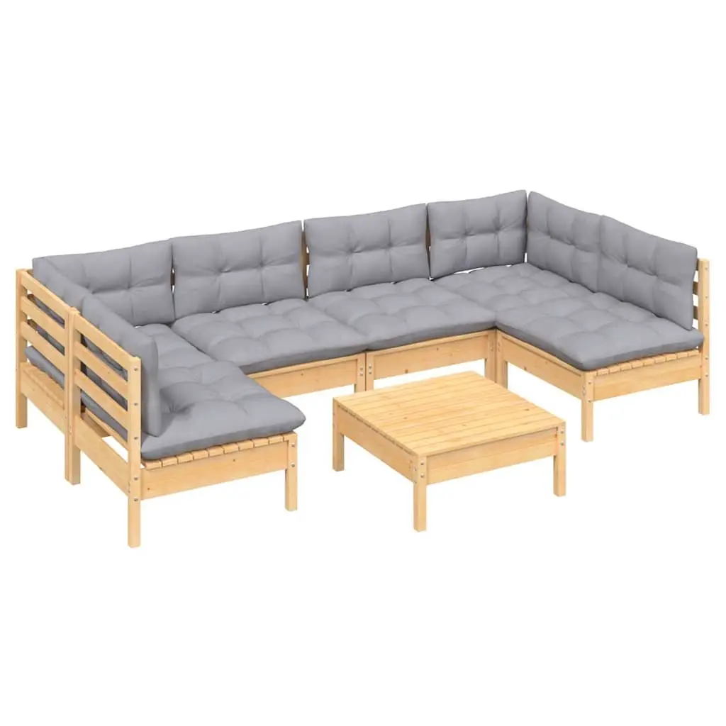 Garden Lounge Set Solid Pinewood 7 Piece Outdoor Furniture Grey Cushions