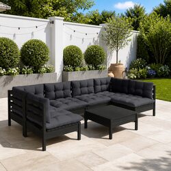 7 Piece Black Solid Pinewood Garden Lounge Set with Cushions