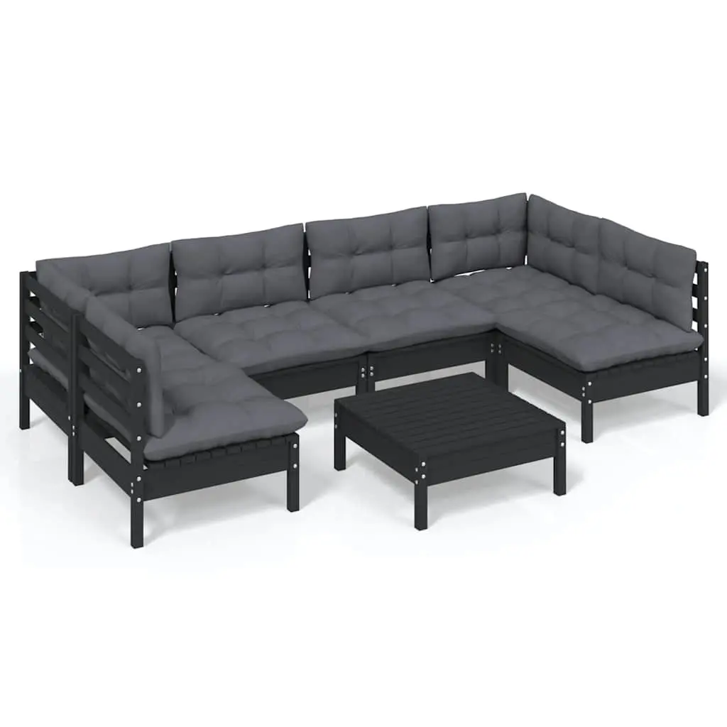 7 Piece Black Solid Pinewood Garden Lounge Set with Cushions