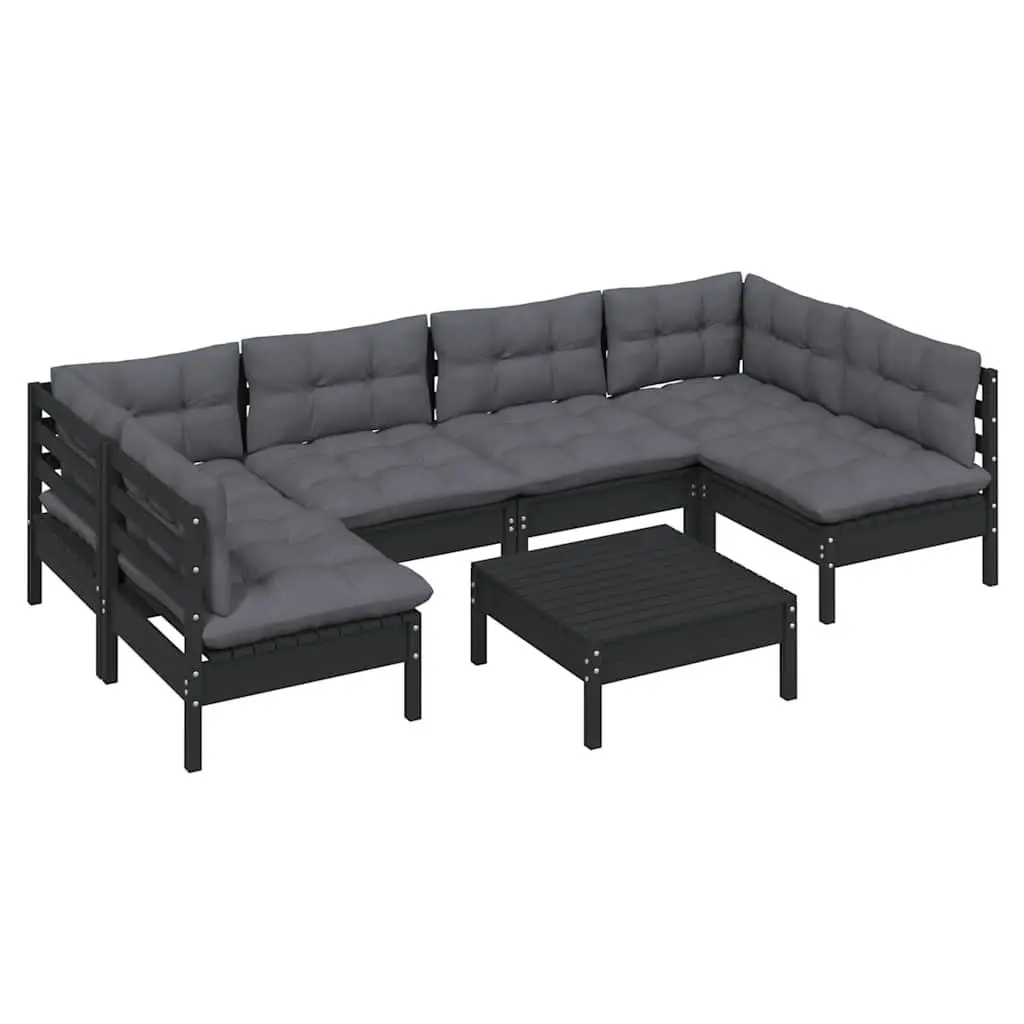 7 Piece Black Solid Pinewood Garden Lounge Set with Cushions