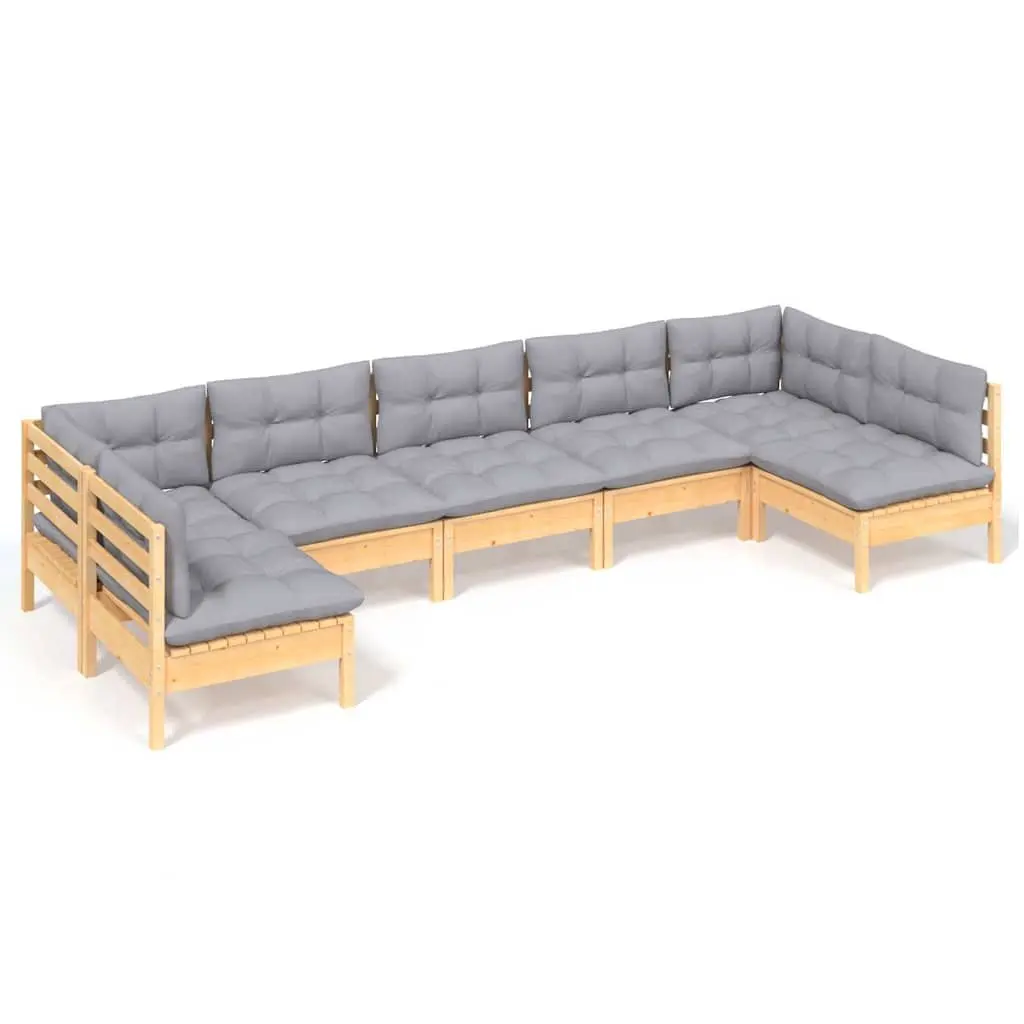 Garden Lounge Set Solid Pinewood 7 Piece Outdoor Furniture Grey Cushions