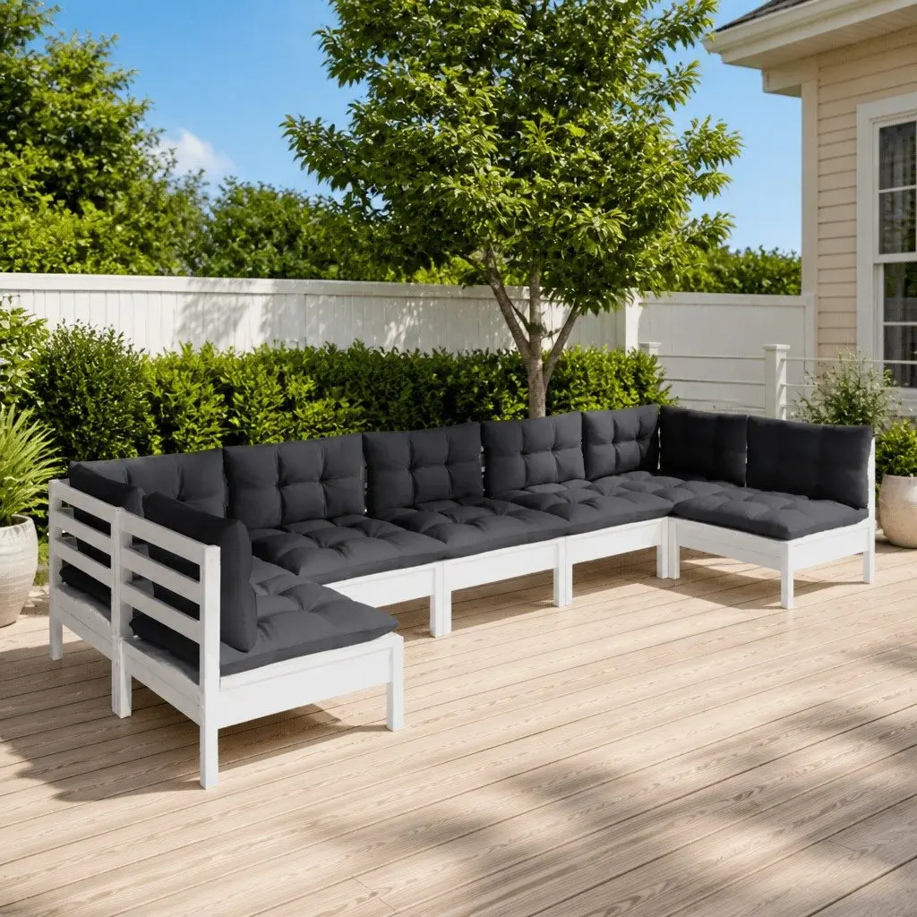 7-Piece White Solid Pinewood Garden Lounge Set with Cushions