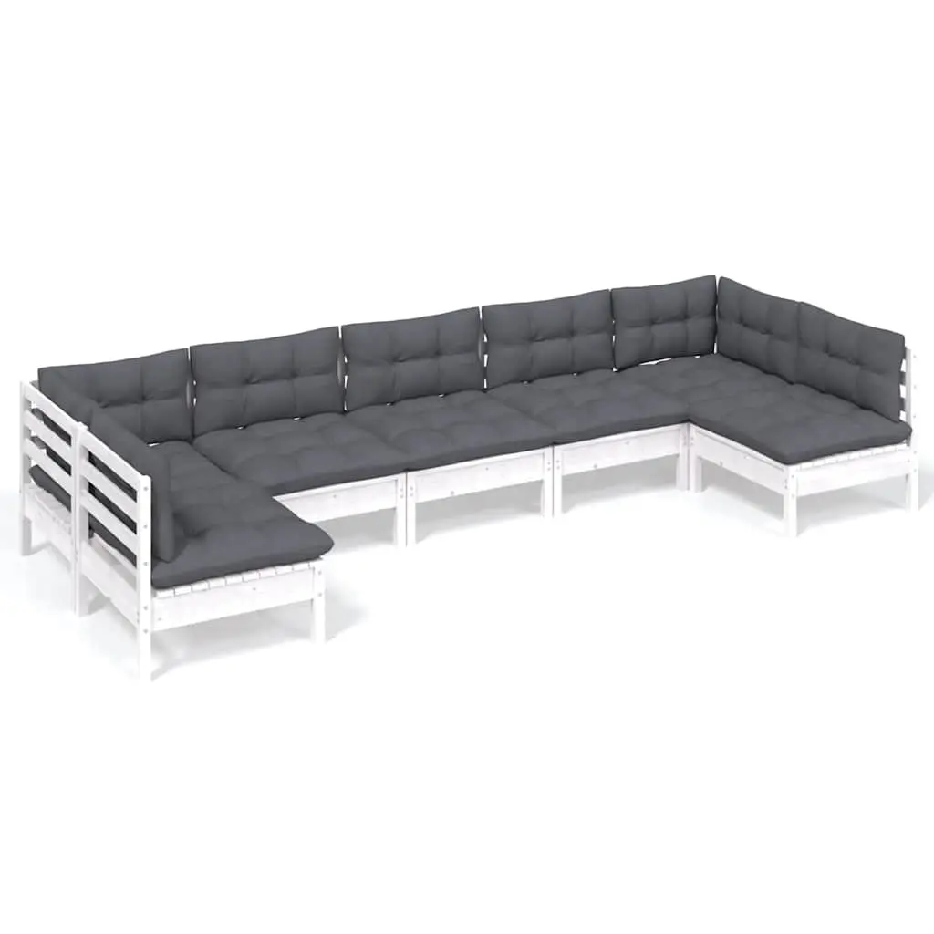 7-Piece White Solid Pinewood Garden Lounge Set with Cushions