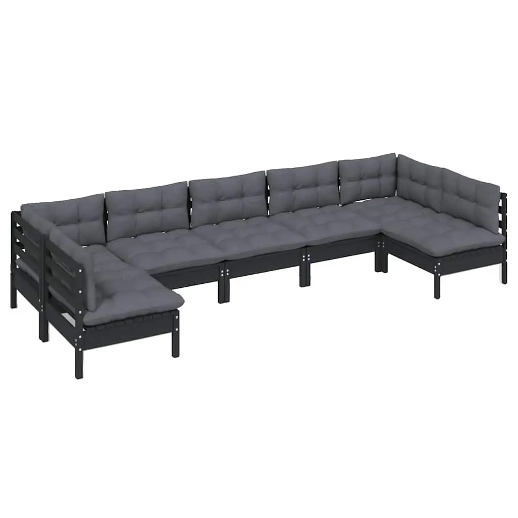 7 Piece Garden Lounge Set with Cushions Black Solid Pinewood Patio Furniture
