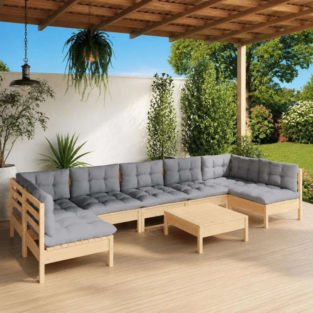 Solid Pinewood 8 Piece Garden Lounge Set with Grey Cushions
