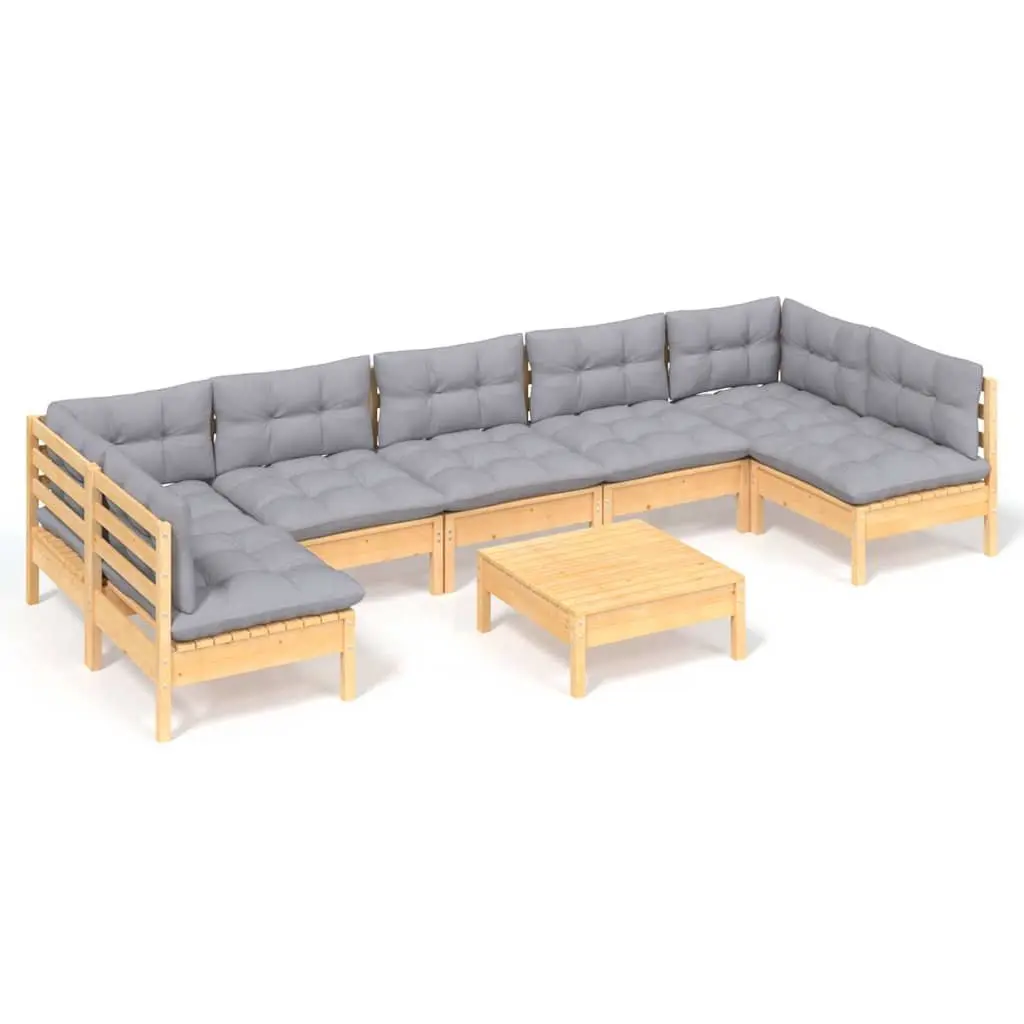 Solid Pinewood 8 Piece Garden Lounge Set with Grey Cushions