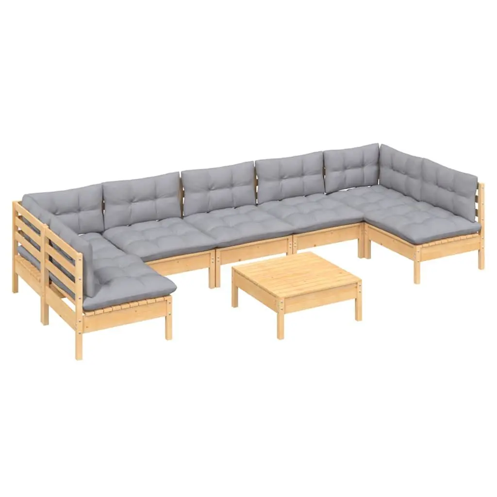 Solid Pinewood 8 Piece Garden Lounge Set with Grey Cushions