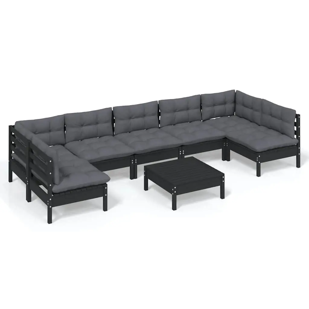 8-Piece Black Pinewood Garden Lounge Set with Cushions