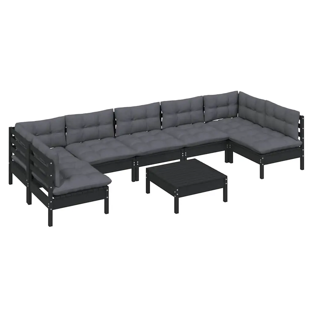 8-Piece Black Pinewood Garden Lounge Set with Cushions