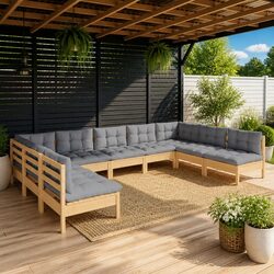 Sturdy 9 Piece Garden Lounge Set with Grey Cushions