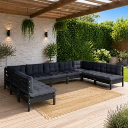 Black Pinewood 9 Piece Garden Lounge Set with Cushions